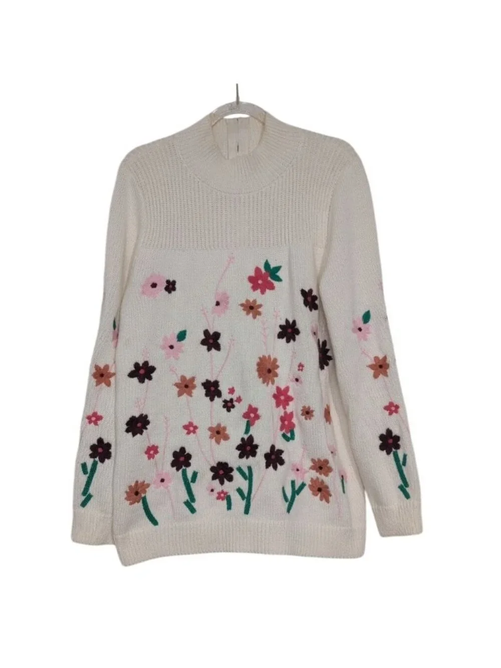 Talbots Embroidered Floral Sweater Womens Size Large Cream Knit Mock Neck